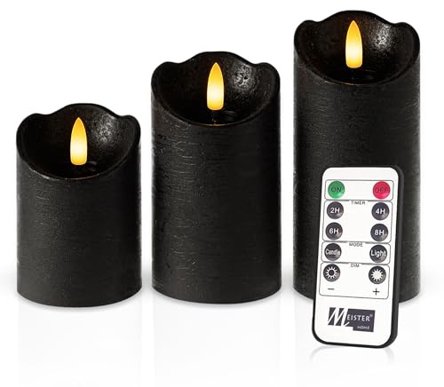 Meisterhome® LED-Kerzen 3er-Set Schwarz – Flammenlos - mit flackernder Flamme – Rustik Design – Stumpenkerzen mit Fernbedienung & Timer – Batteriebetrieben – Warmweiß – Ø7.5 x 10/12,5/15 cm Hoch