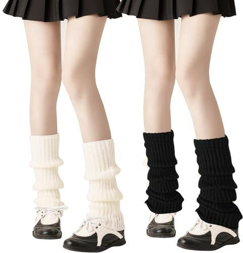 Czdtq 2 Pairs White Black Leg Warmers, Ribbed Knitted Leg Warmers, 80s for Women Girls Lady Y2k Ribbed Knitted Legs, Fashion Long Boot Cuff Knee Socks Legwarmers Ladies