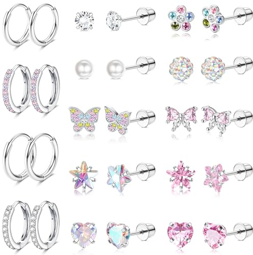 FIOROYAL 14 Paar Hypoallergene Kleine Ohrringe Set für Damen Mädchen Chirurgenstahl Schraubverschluss Medizinische Ohrstecker Niedlich Raffiniert Creolen Blumen Schmetterling Herz CZ Ohrringe S