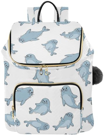 Seal Animal White Women Backpack Large Capacity Quilted Travel Shoulder Bag with Leather Handle & Key Ring Daypack for Work Daily Business