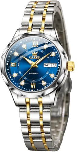 OUPINKE Automatische mechanische Damenuhr, Diamant-Zifferblatt, legere Uhr, selbstaufziehend, Tag und Datum, wasserdichtes Edelstahlband