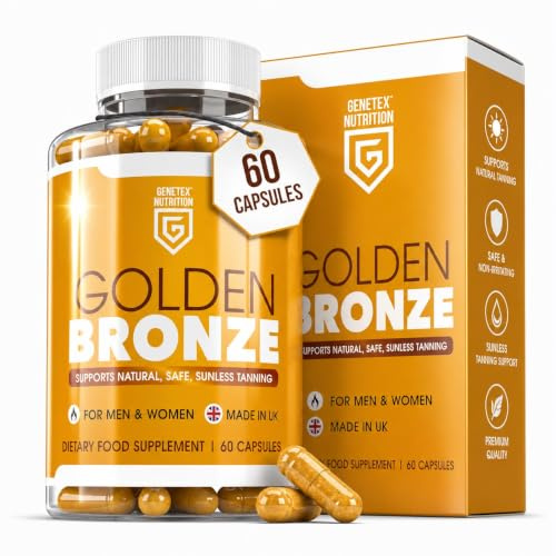 Golden Bronze Tanning Pills Supplement x 60 Capsules, Sunless & Safe Tan Melanin Accelerator Capsules, Tanning Pills for Healthy Natural Tan - Made in UK