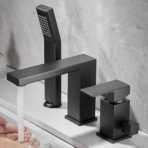 Bath Shower Mixer Tap with Dual Outlet 3 Hole Bath Tap with Shower Head and 1.5m Hose Black