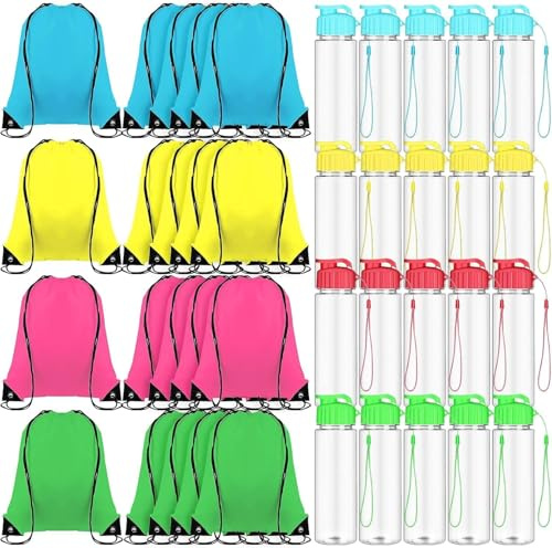 40Pcs Plastic Water Bottles Bulk and Drawstring Backpack Set 17 oz Sport Water Bottles with Drawstring Bag Reusable Flip Top Water Bottles for Adults Gym Camping Hiking Travel