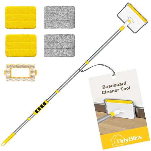 TidyBliss Wischmopp Fliesenreiniger Gerät mit Griff, 142 cm Lang Fliesen Reinigungsgerät, 4 Wiederverwendbares Tuch, 1 Schrubber mit Steifen Borsten für Dielen Decken Fenster Badezimmer (Gelb)