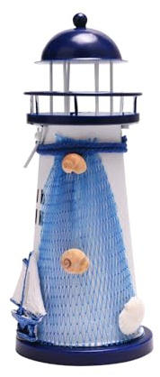 Qaixwuyi Leuchtturm Teelichthalter 18cm Kleine Metall Windlicht Maritime Deko Kerzenhalter für Tisch Schlafzimmer Wohnzimmer Blau Weiß