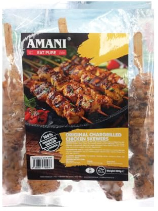Amani Original Chargrilled Chicken Skewers 500g Authentic Flame Grilled Taste Ready to Cook Chicken Kebabs, Juicy and Tender Marinated Skewers Pack of 1
