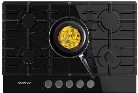 Cecotec Placa de Gas 5 Fuegos Bolero Squad GN 5200F Glass Black. 11kW, Preparada para Gas Natural, Cristal Negro, Parrillas Completas de Hierro Fundido, Quemador Wok, Sistema de Seguridad