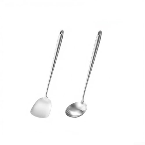 Juego de utensilios de cocina de acero inoxidable de 2 piezas con pala y cucharón de sopa, utensilios de cocina plateados resistentes al calor para el hogar, 42,5 cm