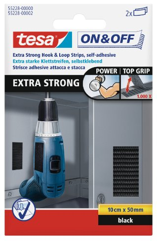 tesa On & Off Extrastarke Klett Klebepads - Selbstklebende Klettstreifen zum Befestigen schwerer Gegenstände, extra stark - Schwarz - 10 cm x 5 cm - 2 Stück