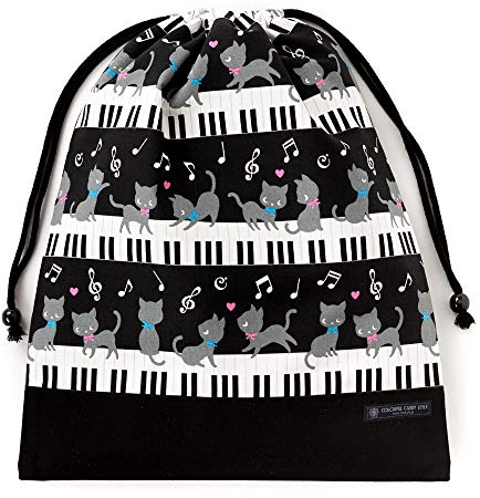 COLORFUL CANDY STYLE Black Cat Waltz Dancing on Change of Clothes Easily Drawstring (Large Size), Gym Clothes Bag Piano (Black) x Ox Black Made in Japan N3360300 (Japan Import)