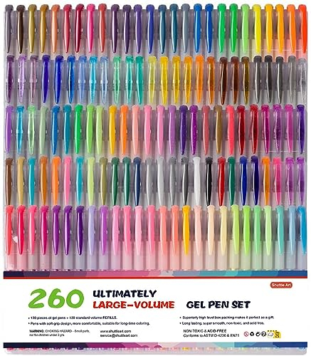 Shuttle Art Gelstifte Set, 260 Stück 220% mehr Tinte 130 Gel Stifte mit 130 Ersatzminen, mit Glitzer, Neon, Pastell, Metallic Stifte, Glitzerstifte für Kinder Erwachsene zum Malbuch Schreiben Bemalen