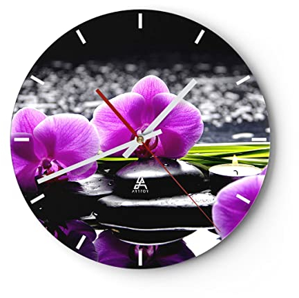 Modern Wanduhr Orchidee Natur Wasser Blume 40x40cm Rund Groß Wand Uhr Glas Analog Zimmeruhren Küche Büro Wohnzimmer Glasuhr Wall Clock Dekoration Design Wanddekoration Küchenuhr C3AR40x40-2658