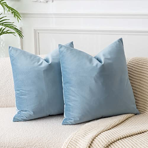 JUSPURBET Hellblau Samt-Kissenbezüge 40cmx40cm 2er-Set für Wohnzimmer Couch Sofa Schlafzimmer Dekorative Quadratische Feste Weiche Kissenhüllen mit unsichtbarem Reißverschluss