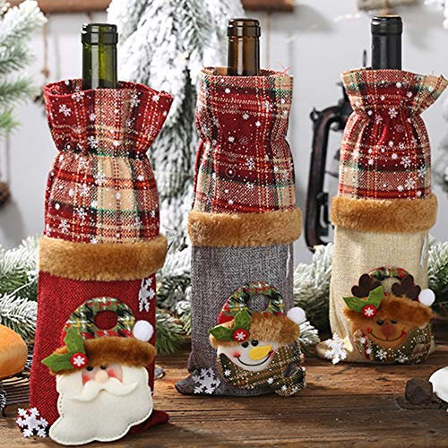 Christmas Wine Bottle Cover 3Pcs Grid Pattern Linen Wine Bottle Cover Red Wine Champagne Bottle Bag Christmas Decoration Drawstring Style Holiday Home Christmas Decorations