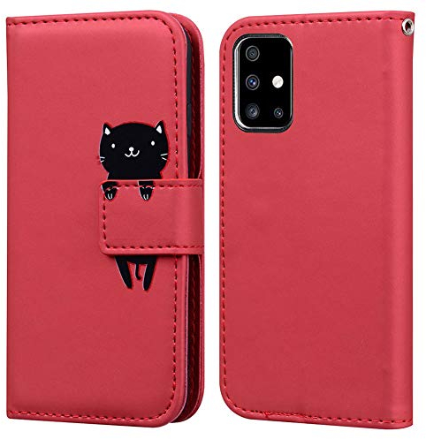 Ailisi für Galaxy A71 Hülle SM-A715F, Karikatur Schwarz Cat Muster PU Leder Handyhülle Brieftasche Schutzhülle Flip Case Cover Klapphüllen Tasche Etui mit Kartenfächern+Stand -Katze, Dunkelrot