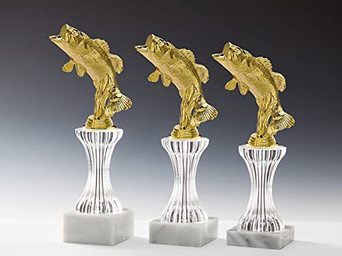 Henecka 🎣 Angler-Pokal, Angeln-Figur Fisch-Trophäe, Barsch Gold, Acryl-Marmorsockel, mit Wunschgravur, wählbar in 3 Größen oder als 3er-Serie (Höhe 286 mm)