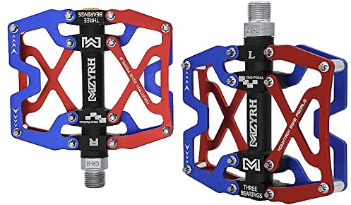 9/16 Zoll CNC Aluminiumlegierung Plattform Pedale Ultra-Light für MTB BMX Rennrad Trekking - Anti-Rutsch Mountainbike Fahrrad Pedale Y06 (Schwarz Mit Blau Mit Rot)
