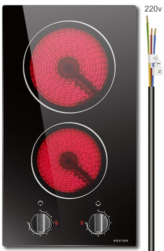 2 Burner Electric Cooktop, Noxton 12 inch Built-in Electric Stove Top, 3000W 220-240v Ceramic Cooktop with Knob Control 9 Heating Level, Hot Warning, Hardwired, No plug