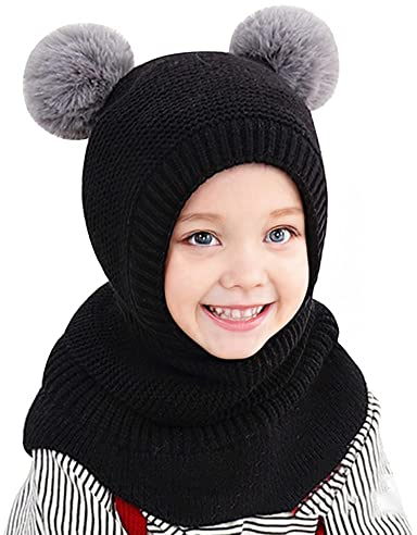 Rayson Bambini Cappello Invernali Calda Carina Berretto Invernale in Pile per Bambini con Cappuccio a Maglia Sciarpa con Cappuccio Copricapo Balaclava Cappello da Sci(Nero)