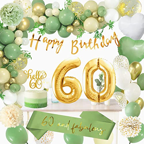 60 Geburtstag Deko Frauen, Deko 60 Geburtstag Männer, Grün Gold Geburtstagsdeko 60 Luftballon mit Happy Birthday Banner, Ballon Girlande Pompons Grün für Frau Mann 60 Dekorationen