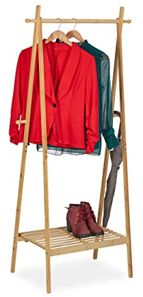 Relaxdays Kleiderständer Bambus, klappbar, Kleiderstange mit Ablage, 4 Haken, HBT: 160 x 74 x 42 cm, freistehend, natur