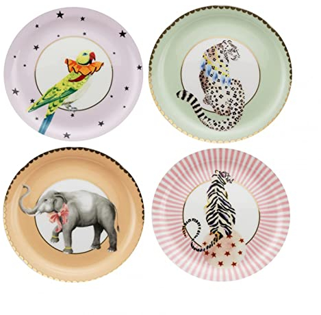 Pretty Pastel Animal Cake Plates, Set Of 4 (Yvonne Ellen Tiger/leopard/elephant/parrot Tea Plates)