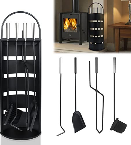 ACXIN Juego de utensilios para chimenea de acero inoxidable, buena resistencia al calor, incluye escoba, alicates, pala de ceniza, atizador, color negro