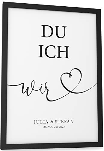 Papierschmiede® Paar Bild Personalisiert mit Namen und Datum DIN A4 (21x30 cm) Bilderrahmen wählbar, Poster Geschenke fertig gerahmt, Namen, Hochzeitsgeschenke für Brautpaar „Wedding Ich Du Wir“