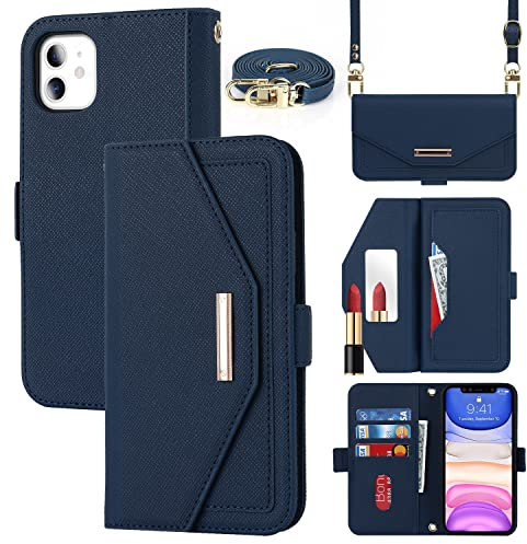 CAVOR Handykette iPhone 11 Hülle Mit Band, Flip Leder Geldbörse Mit Spiegel, 5 Kartenfächer, Magnetverschluss, Klapphülle Schutzhülle - Blau