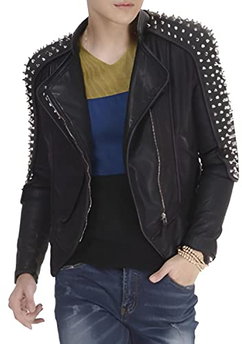 Aksah Fashion Herren-Jacke, schmale Passform, schwarz, Nieten, Spikes, Biker, Motorrad, Punk, echtes Leder, Schwarz , M