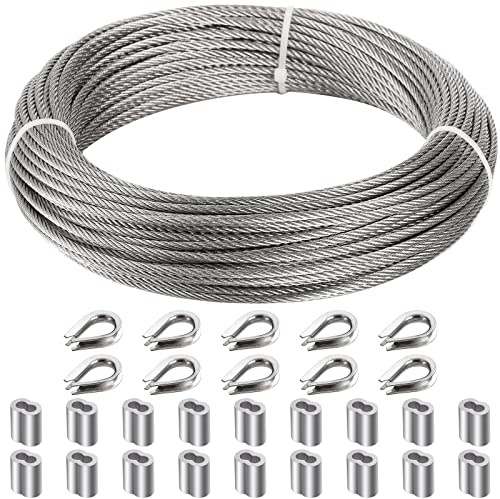 Okllen 1/8 (3MM) Wire Rope Kit, 30M Stainless Steel Cable, 7x7 Strand Core Metal Wire Cable with 18Pcs Aluminum Crimping Sleeves & 10Pcs Thimbles for Deck Railing System, String Lights, Garden Fence