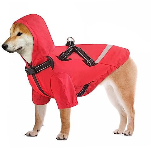 Dolahovy Hunderegenmantel mit Geschirr,Hundeponchos Wasserdichter Hundemantel Leichter Hunde Regenanzug Verstellbare reflektierende Haustier Regenbekleidung mit Kapuze