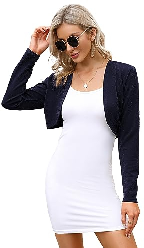KOJOOIN Damen Bolero Festlich Pailletten Bolero Glitzer Strickjacke Elegant Kurz Cardigan Bolerojacke Langarm Open Front Shrug Cardigan Casual Top Dunkelblau M