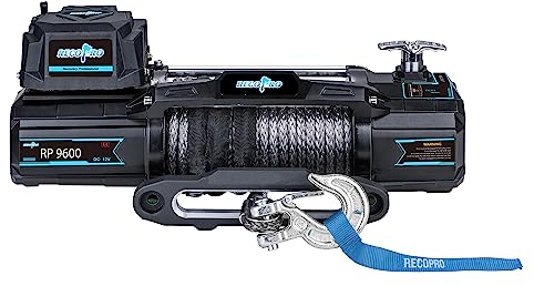 RECOPRO Elektrische Seilwinde, 12 V Gleichstrom, 4354,5 kg, Offroad-Winden-Set, wasserdicht, IP68, mit synthetischem Seil und Falschleine mit kabelloser Handfernbedienung und kabelgebundener Steuerung