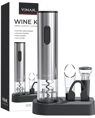 VINAK - Set de vino - WINE KIT - Sacacorchos eléctrico a pilas en acero inoxidable + tapón de vino de vacío + vertedor de vino + cortacápsulas | Diseño moderno | Abrebotellas sin esfuerzo