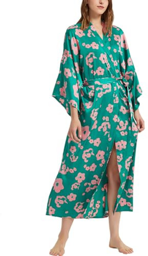Robe de chambre kimono pour femme - Imprimé floral - Cardigan pour femme - Pour mariage, fête, #Vert avec fleurs roses, One Size Plus Tall