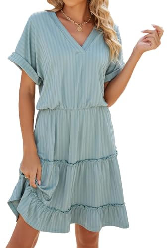 2024 Frauen Boatneck Cap Sleeve Vintage Swing Kleid mit Taschen Damen Frühling Sommer Tiefer V-Ausschnitt Rüsche Casual Flowy Mini (Dunkelgrün,XXL)