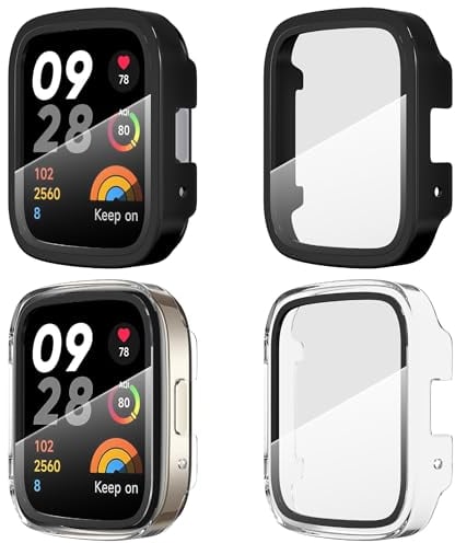 Diruite 4 Packs for Xiaomi Redmi Watch 3 Active/3 Lite Protective Case with Tempered Glass Screen Protector,Hard PC Scratch Resistant Tempered Glass Cover for Xiaomi Redmi Watch 3 Active/ 3 Lite