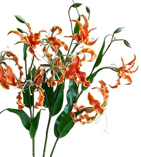 BQEE 30” Artificial Lily Flower Long Stem Faux Flame Lily Bouquets Floral Arrangement for Wedding Home Party Office Decoration (Orange)