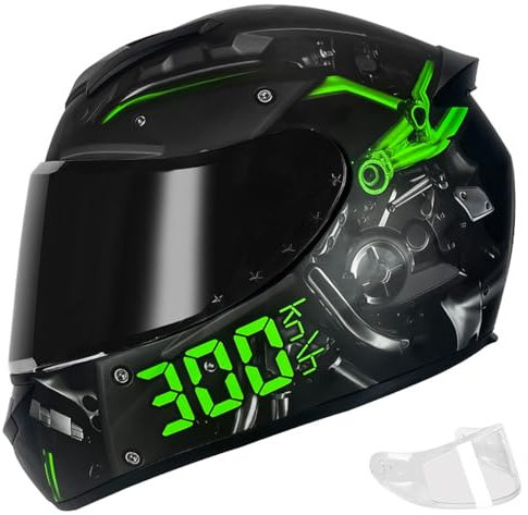 RUYICZB Full Face Motorcycle Helmet Motorbike Helmet HD Clear Visor And Tinted Visor DOT/ECE Approved Moped Racing Scooter Helmet with Air Vents for Men And Women,Black green,2XL 63CM