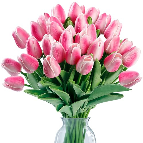 Sggvecsy Künstliche Tulpen, fühlen Sich echt an, PU-Kunstblumen, Tulpenstiele für Hochzeit, Frühlingsstrauß, Blumenarrangement, Zuhause, Party, Büro, Dekorationen für Muttertag (Rose Pink)