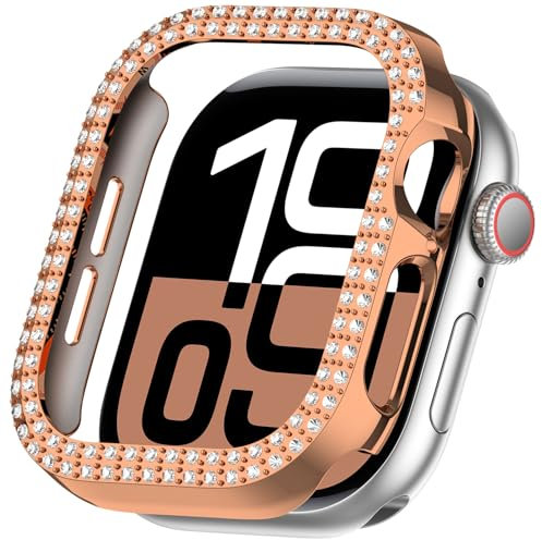 Miimall Custodia Compatibile per Apple Watch Serie 10 42mm, Cover Protettiva in PC Rigida, Case Sottile Antiurto, Strato di Strass, Frame Cover Protettiva per Apple Watch Serie 10 42mm Oro Rosa
