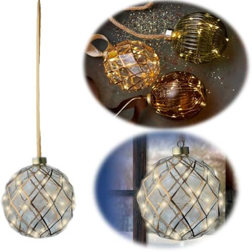LS-LebenStil Deko XL Glas Lichtkugel 30 LED 14cm Gold Klar Timer Batterie-Fach Kugellampe zum Anhängen als Weihnachtsdeko innen Weihnachtsbeleuchtung Fensterdeko Batteriebetrieben