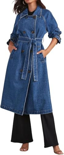 Suncadmious Trench Lungo in Denim Doppiopetto Casual da Donna Trench con Giacca di Jeans con Cappotto spolverino con Cintura (Blu,S)