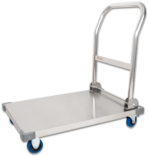 Beeketal 'TWB-2' Edelstahl Transportwagen klappbar mit Kantenschutz und geräuscharmen Rollen | Handwagen beslastbar bis 400 kg | Küchen Platformwagen Transportfläche: ca. 595 x 760 mm