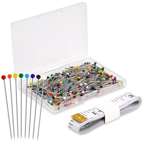 Sebudion 300pcs Glass Head Sewing Pins, 38mm Long Straight Dressmaking Pins with Storage Case and Tape Measure for Quilting, Crafts, Jewellery DIY (Multicolor)