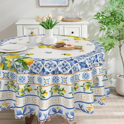 cusugbaso Runde Tischdecke, Zitrone, 178 cm, mediterrane Sommerdekoration