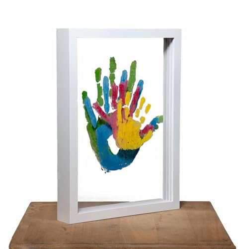B BachVibes Familien-Handabdruck-Set mit Rahmen, enthält ungiftige Farben, Acrylplatten, DIY-Werkzeug, perfekt für Babyparty, neue Mütter und Heimdekoration, originelles Geschenk (Holz) (Weiß)