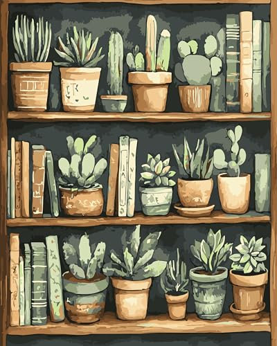 CaptainCrafts Paint by Numbers for Adults, Paint by Numbers DIY Oil Painting Linen Canvas 16x20 Inch Wall Art House Decor Gifts (Frameless, Bookshelf Cactus Plants)